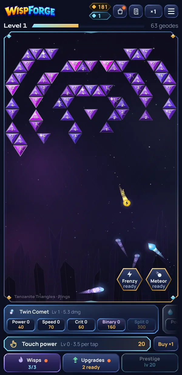 Wispforge gameplay: wisps shattering purple geodes