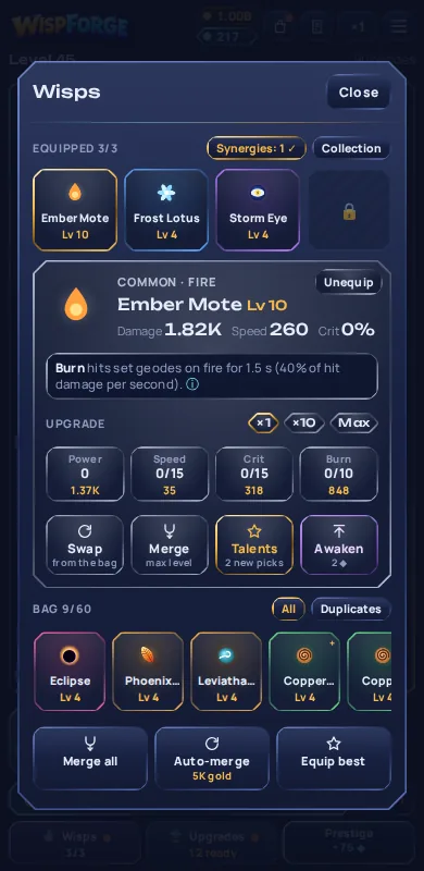 Wisps screen with equipped wisps and upgrades